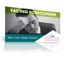sample postcard template showing a man with a furrowed brow and a facing foreclosure headline